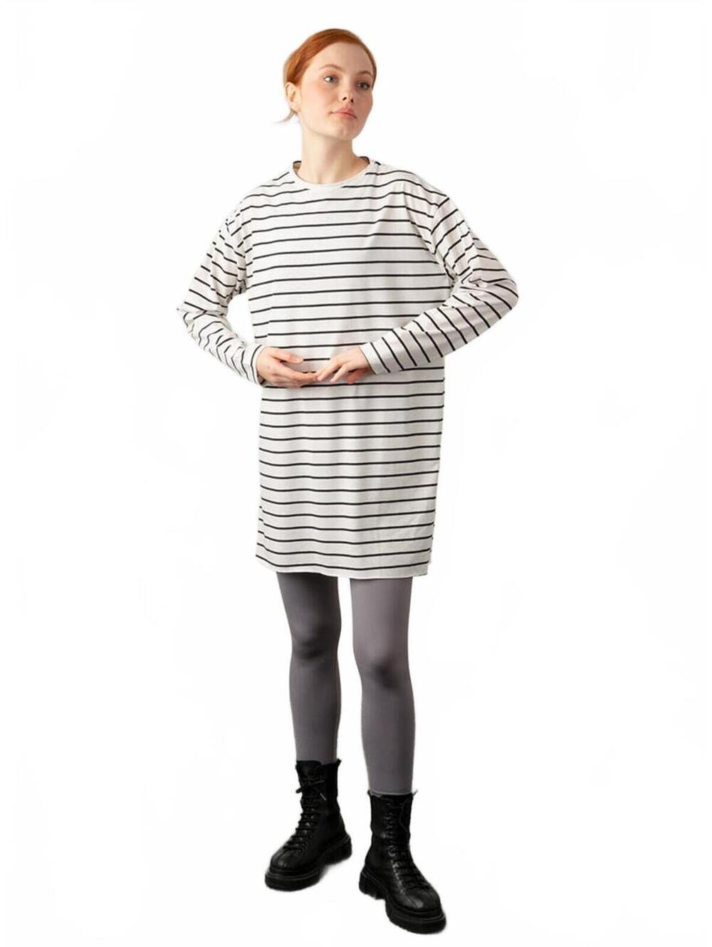 Black and White Striped Long Sleeve T-Shirt Dress, Size S-M